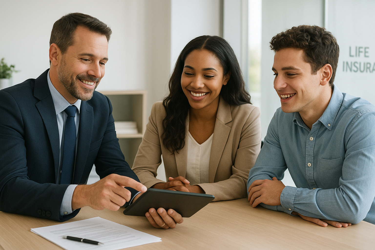 A professional life insurance agent in a navy suit sits at a modern desk showing information on a tablet to two young adult clients—a smiling woman in a beige blazer and a smiling man in a light blue shirt. They sit together in a bright, contemporary office with natural light and a clean, minimalist background.