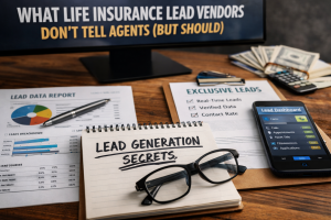 A life insurance agent’s desk showing lead generation reports, exclusive leads checklist, and a dashboard illustrating how life insurance leads are generated