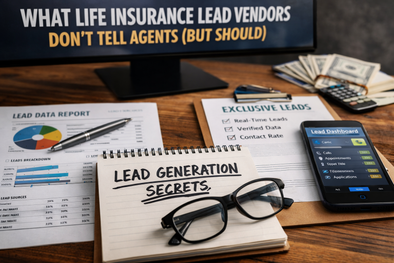 A life insurance agent’s desk showing lead generation reports, exclusive leads checklist, and a dashboard illustrating how life insurance leads are generated